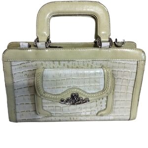 (1182) M.C Brand Tea Green Croc Embossed Vegan Leather Multi Pockets Satchel Bag